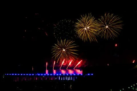 Doha, Qatar - April 10, 2024: Katara Cultural Village Eid Celebration Fireworks. Stock Photos