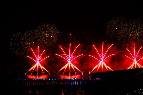 Doha, Qatar - April 10, 2024: Katara Cultural Village Eid Celebration Fireworks. Stock Photos