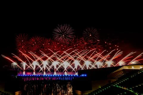 Doha, Qatar - April 10, 2024: Katara Cultural Village Eid Celebration Fireworks. Stock Photos