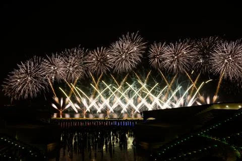 Doha, Qatar - April 10, 2024: Katara Cultural Village Eid Celebration Fireworks. Stock Photos