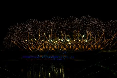 Doha, Qatar - April 10, 2024: Katara Cultural Village Eid Celebration Fireworks. Stock Photos
