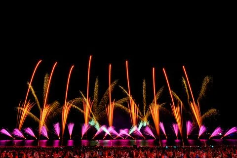 Doha, Qatar - April 10, 2024: Katara Cultural Village Eid Celebration Fireworks. Stock Photos