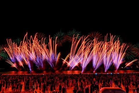 Doha, Qatar - April 10, 2024: Katara Cultural Village Eid Celebration Fireworks. Stock Photos