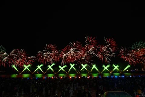 Doha, Qatar - April 10, 2024: Katara Cultural Village Eid Celebration Fireworks. Stock-Fotos