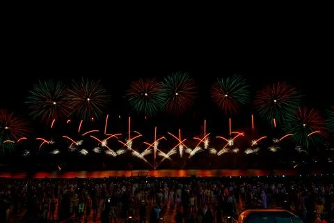 Doha, Qatar - April 10, 2024: Katara Cultural Village Eid Celebration Fireworks. Stock Photos