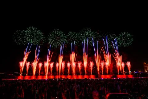 Doha, Qatar - April 12, 2024: Katara Cultural Village Eid Celebration Fireworks. Stock Photos