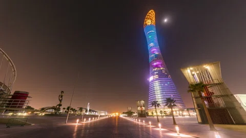 DOHA, QATAR - APRIL, 2023: Doha timelapse video night lights skyscrapers Qatar Stock Footage 241907514