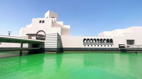 Doha, Qatar: Building of Museum of Islamic Art, emerald waters of Persian Gulf Stock Footage 184906813