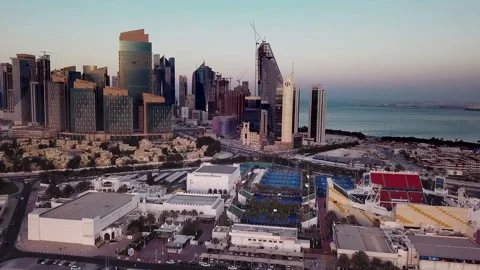 Doha, Qatar, City Scape and Waterfront Aerial Footage, Dusk_3 Stock Footage 217684947