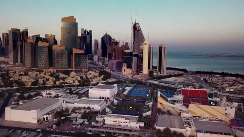Doha, Qatar, City Scape and Waterfront Aerial Footage, Dusk_4 Stock Footage 217687610