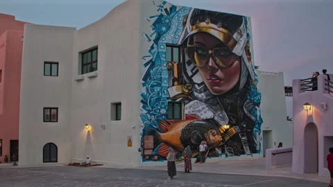 Doha, Qatar - December 13 2023: Old Doha port street art (graffiti) Video stock 258499405
