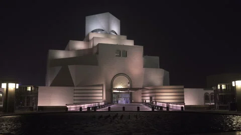 Doha, Qatar- January 14, 2020: Beautiful Museum of Islamic Art at night Stock Footage 140293406