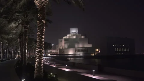 Doha, Qatar- January 14, 2020: Beautiful Museum of Islamic Art at night Stock Footage 140295016
