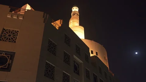 Doha, Qatar- January 14, 2020: Night view of Spiral Mosque Stock Footage 140296239