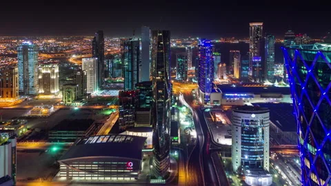 DOHA, QATAR - JUNE 30th 2017: timelapse video night lights skycreapers, Middle Video stock 238975471