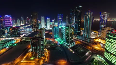 DOHA, QATAR - JUNE 30th 2017: skyline timelapse video night lights skycreapers Stock Footage 238975782