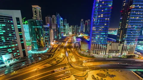 DOHA, QATAR - JUNE 30th 2017: skyline timelapse night skycreapers downtown 스톡 동영상 238977407