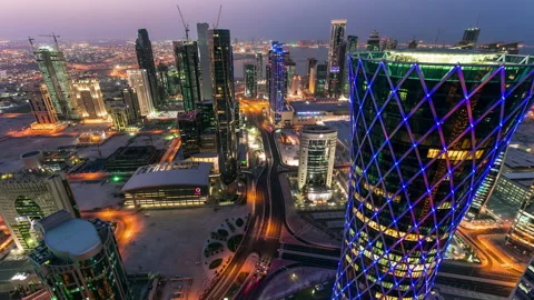 DOHA, QATAR - JUNE 30th 2017: skyline downtown skycreapers timelapse from Stock Footage 238977501
