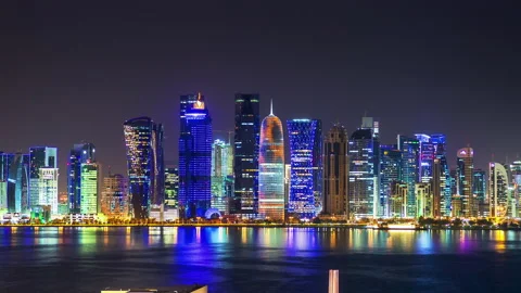 DOHA, QATAR - JUNE 30th 2017: skycreapers tall buildings timelapse night Stock Footage 238977948