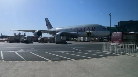 Doha, Qatar - May 11, 2024 - Qatar Airways A380 being loaded at DOH Stock Footage 290777464