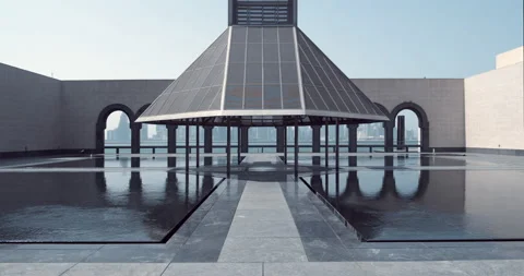 Doha, Qatar - Museum courtyard with Doha skyline Video stock 221564061