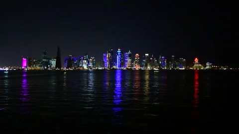 Doha, Qatar - Nov 23. 2019. West Bay panorama at night from the Gulf Stock Footage 150481224