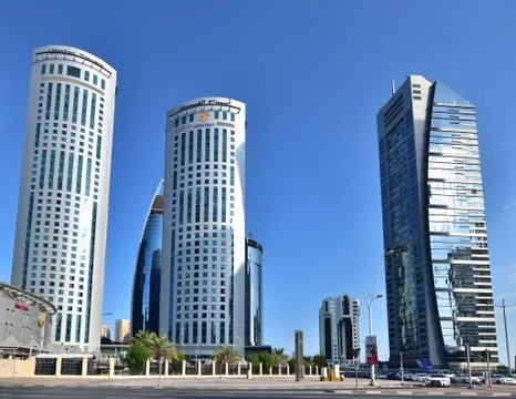Doha, Qatar - Nov 24. 2019. Alfardan Office Tower WORK and Ministry of Endowm Stock Photos