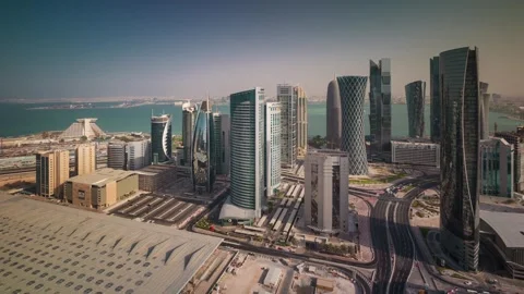 DOHA, QATAR - OCT 25, 2024: Aerial view of modern skyscrapers and waterfront Stock Footage 289830039