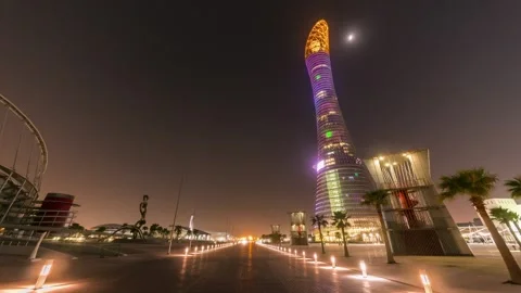 DOHA, QATAR - OCTOBER 25, 2024: Night view of the Qatar Tower illuminated with Video stock 289828897