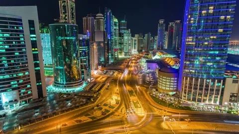 DOHA, QATAR - OCTOBER 25, 2024: Vibrant city skyline illuminated at night Stock Footage 289833372