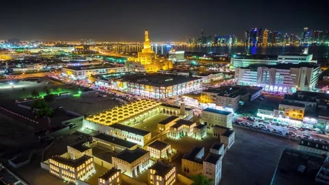 DOHA, QATAR - OCTOBER 25, 2024: Aerial view of vibrant city skyline showcasing Stock Footage 289834280