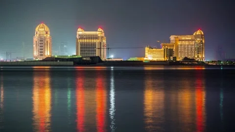 DOHA, QATAR - OCTOBER 25, 2024: Stunning nighttime view of illuminated city Stock Footage 289835168