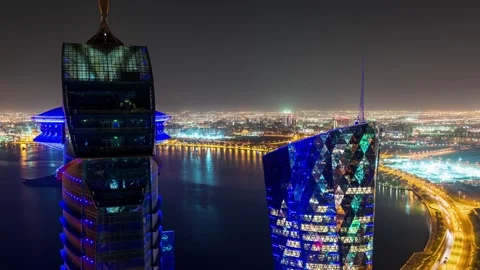DOHA, QATAR - OCTOBER 25, 2024: Stunning nighttime view of the illuminated Stock Footage 289835339