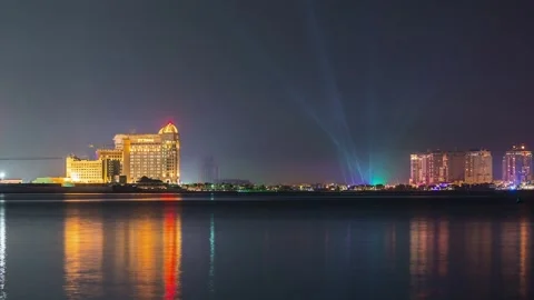 DOHA, QATAR - OCTOBER 25, 2024: Spectacular night skyline illuminated with Stock Footage 289836199