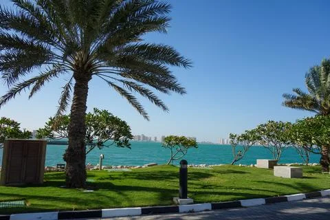 Doha, Qatar - panoramic seaside view with palm trees, green park and skyline acr Stock Photos