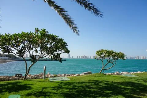 Doha, Qatar - panoramic seaside view with palm trees, green park and skyline acr Stock Photos