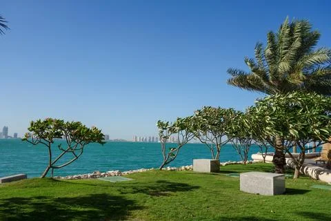 Doha, Qatar - panoramic seaside view with palm trees, green park and skyline acr Stock Photos