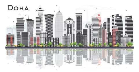 Doha Qatar Skyline with Gray Buildings Isolated on White Background. Stock Illustration