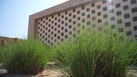 Doha, Qatar - View of blurred building in Education city with green grass Stock Footage 125585489