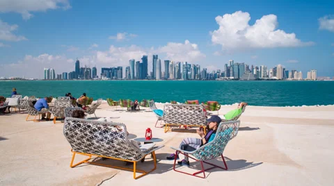 Doha, Qatar, West Bay central financial district across bay Stock Footage 33191033