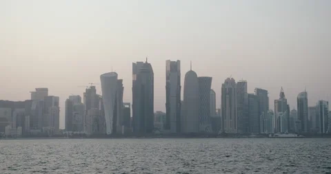 Doha, Qatar - Wide angle of Doha skyline from sea. Video stock 221872520