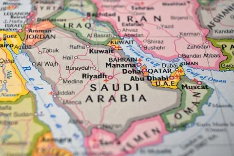 Doha Qatar on World Map Close Up Macro Defocused Background Geographic Image Stock Photos