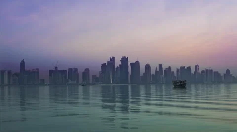 Doha skyline at Dusk, NIGHT TO DAY Stock Footage 63305336
