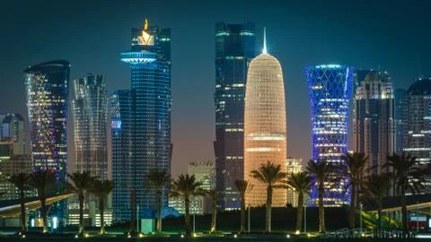 Doha skyline at night Stock Photos