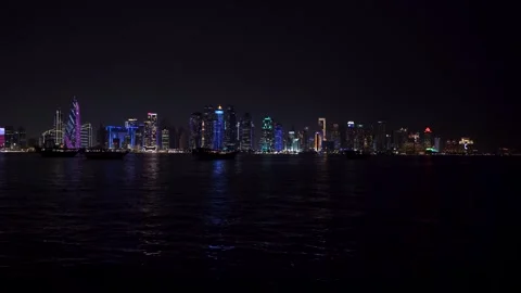 Doha Skyline Night Water Reflection Qatar Cityscape Stock Footage 339226325