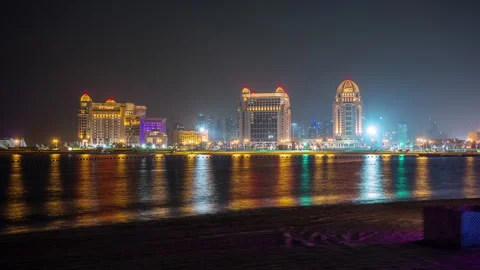 Doha skyline timelapse night lights skyscrapers downtown streets Qatar, Middle 스톡 동영상 241925120