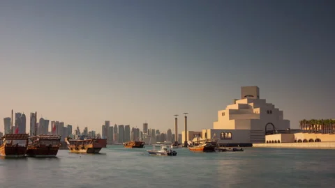 Doha skyline timelapse video day to night lights skyscrapers downtown Qatar Stock Footage 241913465