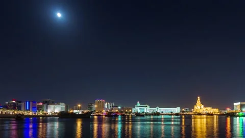 Doha skyline timelapse video night lights skycreapers downtown Qatar, Middle Stock-Footage 238976128