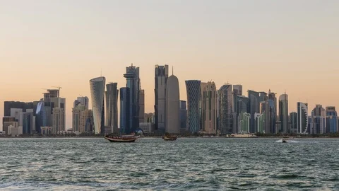 Doha Skyscrapers and Sunset. Time Lapse Видео 106486136