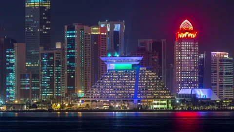 Doha skyscrapers in downtown skyline night timelapse, Qatar, Middle East Stock Footage